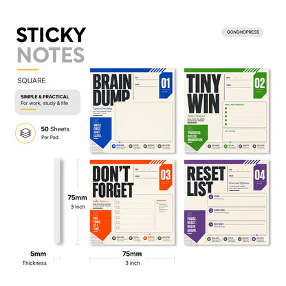 4Pcs Productivity Sticky Notes Set, Self Stick Memo Pads for to Do List, Brain Dump, Reset List and Tiny Win, 200 Sheets Total,