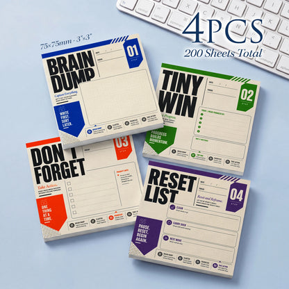 4Pcs Productivity Sticky Notes Set, Self Stick Memo Pads for to Do List, Brain Dump, Reset List and Tiny Win, 200 Sheets Total,