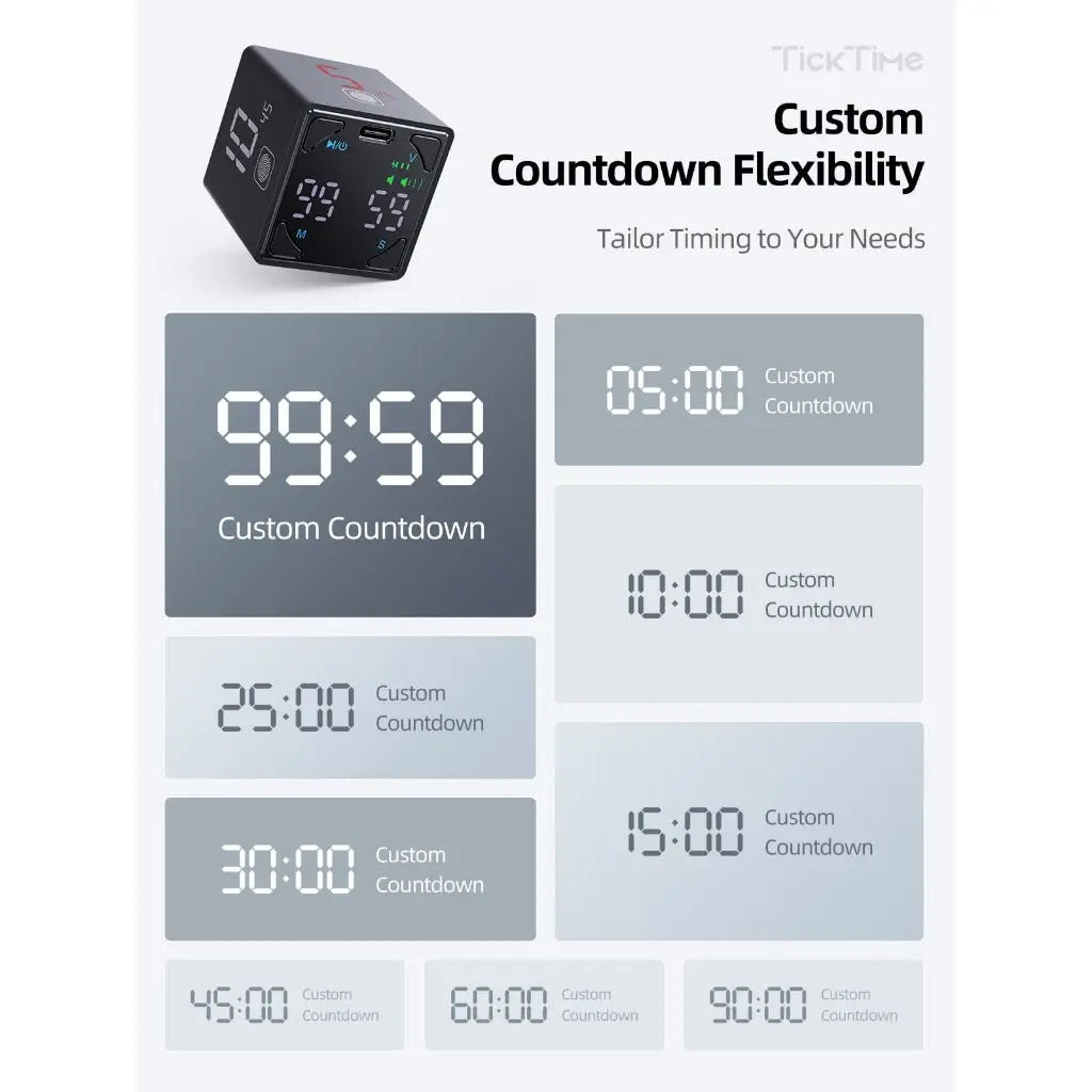 Llano Ticktime Pomodoro Timer Cube - Boost Productivity with Silent Alerts, Vibration, and Adjustable Sounds, Perfect for ADHD and Task Management